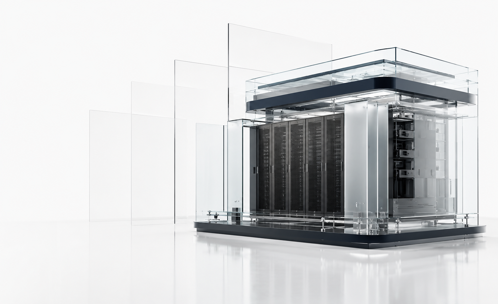 Premium render of a white AI infrastructure campus module with glass enclosures